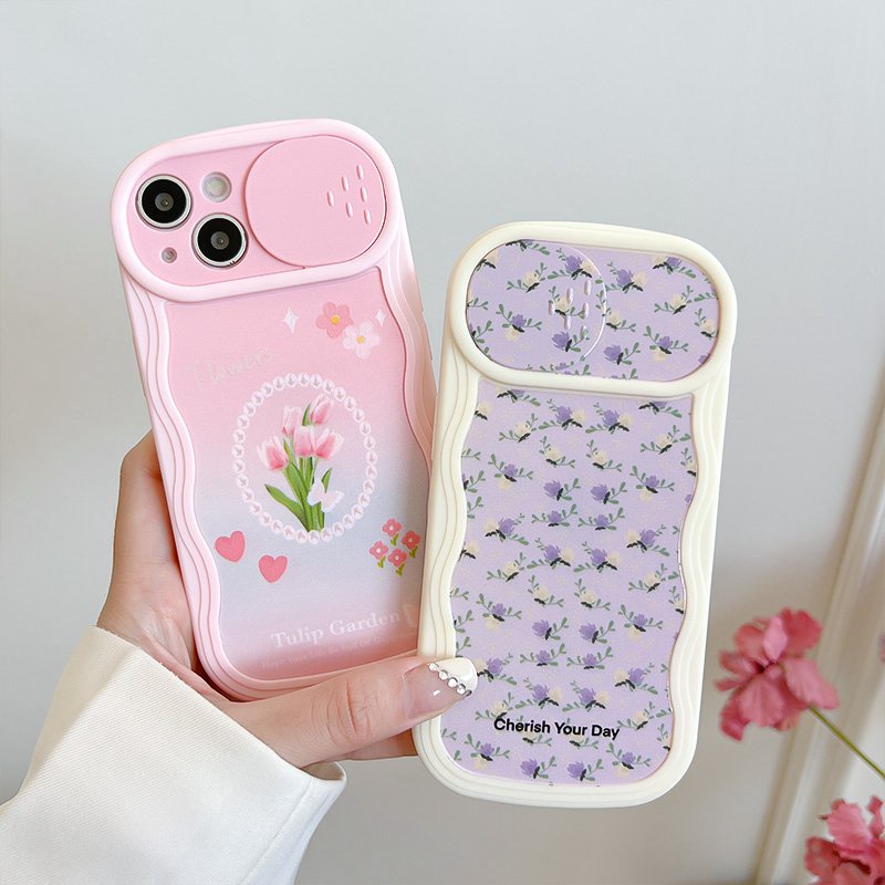 Soft Case yang Dapat Ditekan untuk IPhone 11 12 13 14 Pro Max 14 Plus Casing Penutup Ponsel Cukup Ungu Tulip Bunga Wanita Hadiah Gadis cassing hp