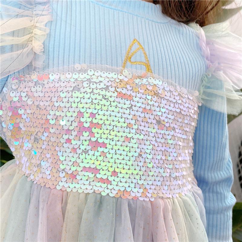 Dress Gaun Anak Lengan Panjang Unicorn Rainbow Glitter Sequin