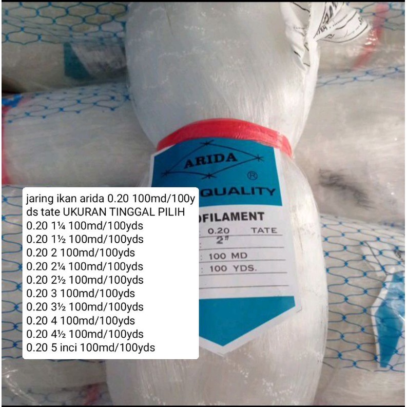 Jaring Ikan Arida 0.20 100md/100yds tate UKURAN TINGGAL PILIH 1¼ inchi -5 inchi Jaring Arida Jaring 