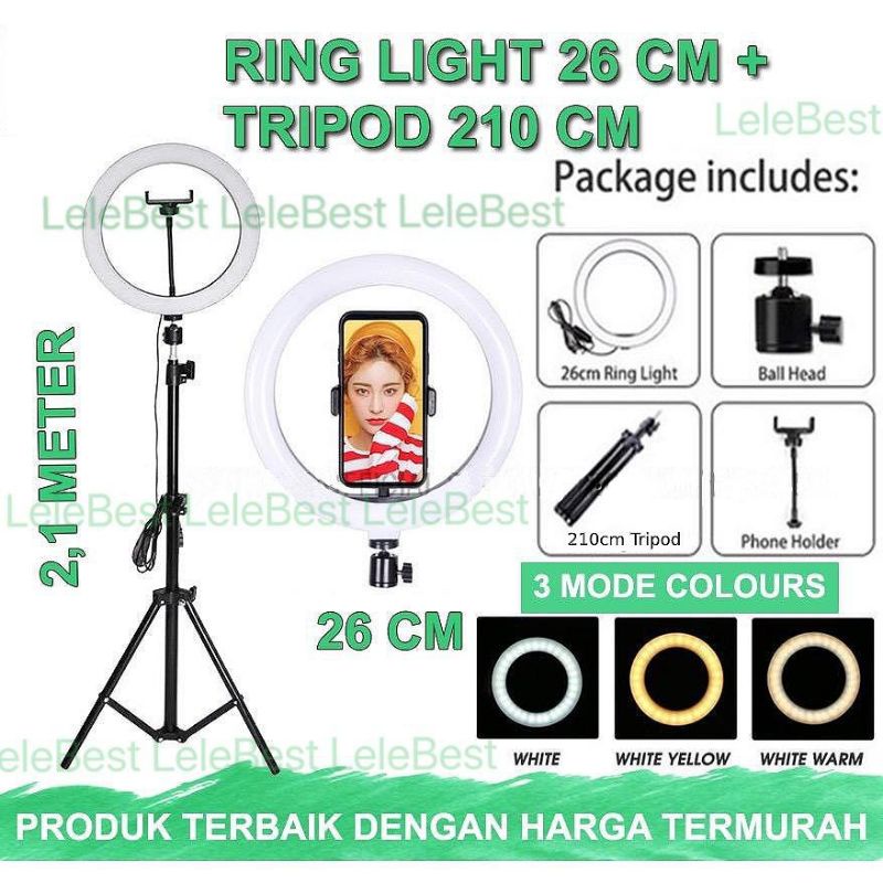 Paket Komplit Ring light 26cm + Tripod 2,1 Meter Make Up Vlog Live Lampu Ringlight Studio