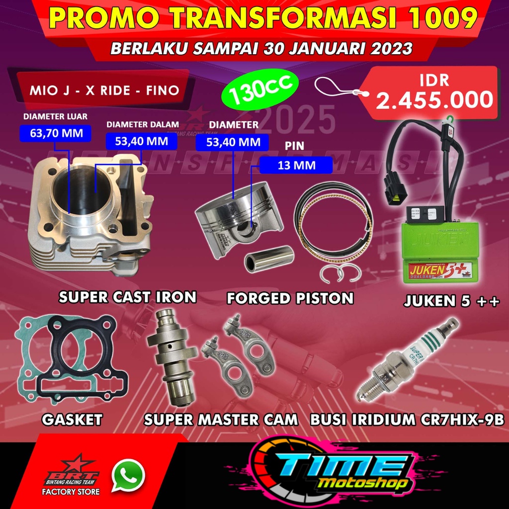 PAKET BORE UP 130CC BLOK MIO J - FINO - XRIDE - JUPITER Z1 53.40MM CAST IRON FORGED PISTON JUKEN 5 P