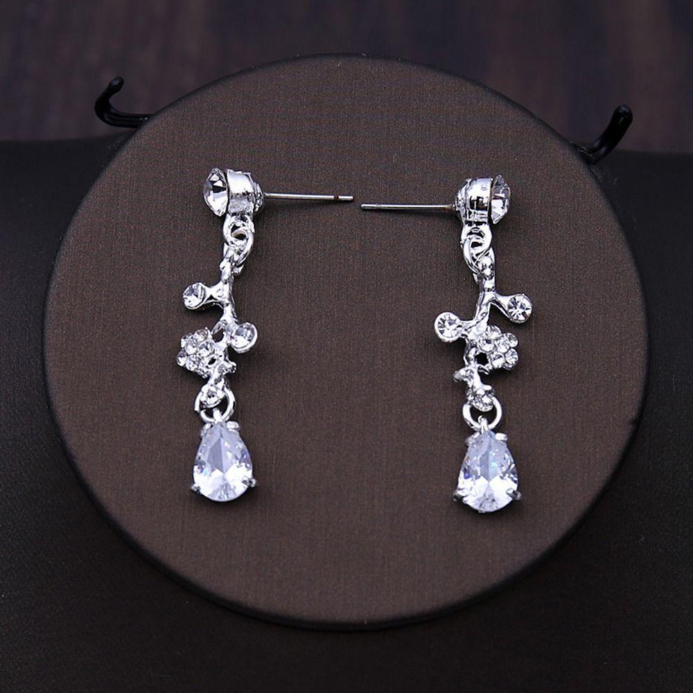 NEEDWAY Needway Set Perhiasan Pernikahan Pengantin Elegan Bergaya Shiny Bunga Menjuntai Anting Perhiasan Fashion Berlian Imitasi Kristal Mahkota