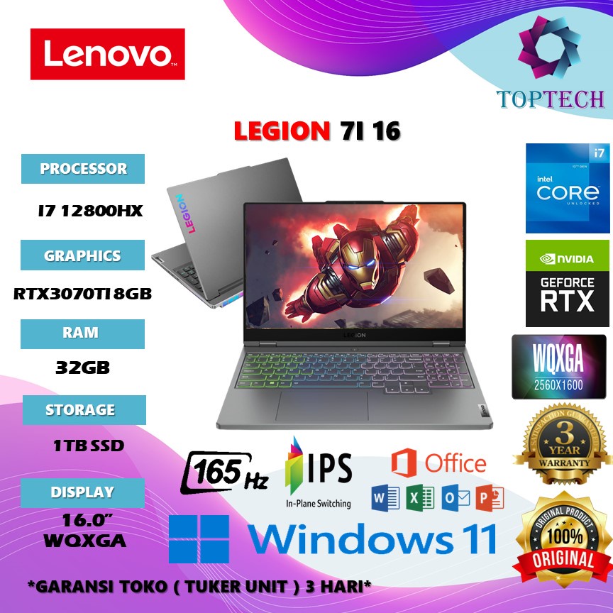 Laptop Lenovo Legion  7I 16 - I7 12800HX RTX3070TI 8GB RAM 32GB 1TB SSD W11+OHS 16.0WQXGA 3VID