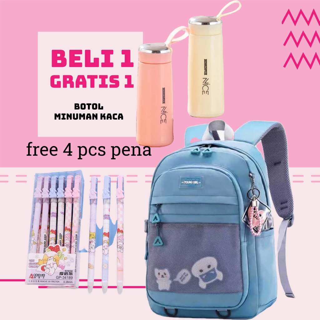 Tas Sekolah Anak Perempuan SD SMP SMA Ransel Kerja ORIGINAL Tas Sekolah Anak Laki-Laki Free Botol Minum Kaca