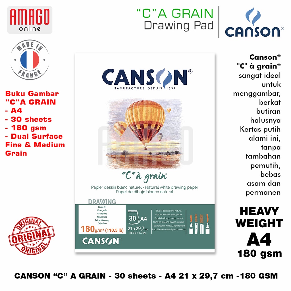 BUKU CANSON C A GRAIN - PAD - 30 SHEETS - A4 - 21 x 29,7 cm - DUAL SURFACE - 180 gsm - 400060577