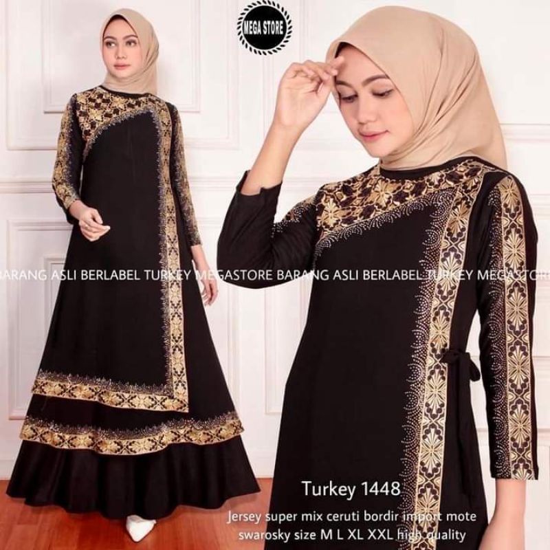 GAMIS ABAYA TURKEY 2LAYER TALI SAMPING BORDIR GOLD