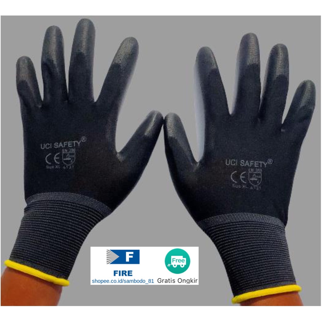 Sarung Tangan Proyek Satpam Anti Slip Hitam Black Hand Gloves Mekanik Montir Berkebun Tukang Telapak Tangan dilapisi karet Bahan Nylon Polyester Elektronik Assembly Static Multi Purpose Polyurethane Kerja Palmfit