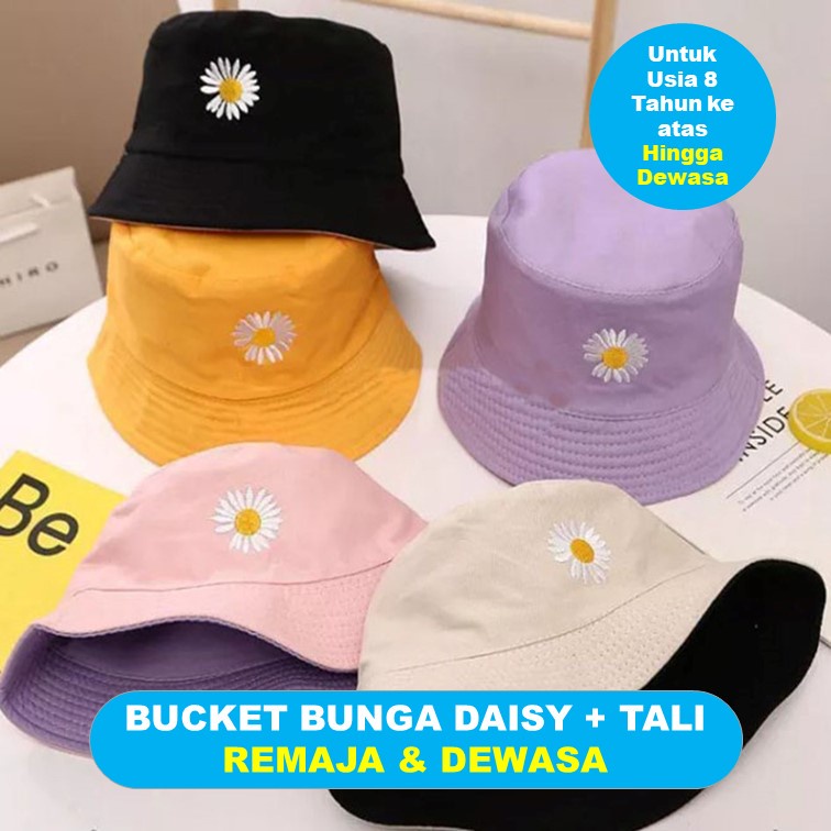 Bucket Wanita Bordir Bunga Daisy + Bordir Nama Usia 8 Tahun ke atas Remaja - Dewasa