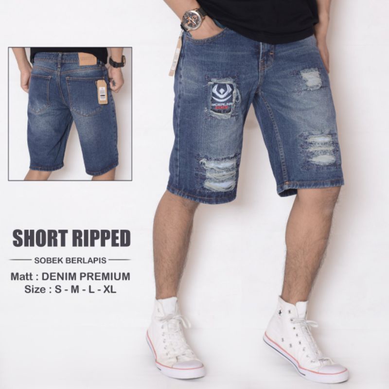 Celana Jeans Pria Pendek Ripped Sobek Tidak Tembus Original Underline