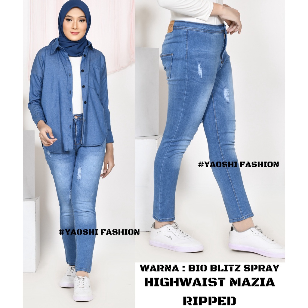 YAOSHI -CELANA PANJANG DENIM/JEANS PINGGANG TINGGI WANITA - Highwaist Denim Mazia Ripped - Bahan  Super Good Quality SIZE 31-34