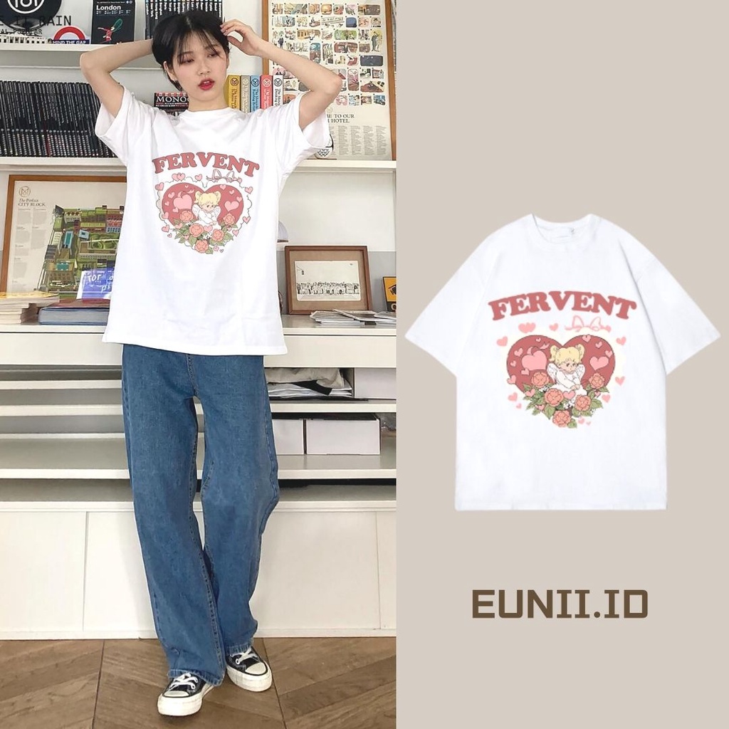 EUNII T-shirt Lengan Pendek Cinta Malaikat Kecil Pencetakan Longgar Korean Style/Kaos Atasan Wanita/Baju Kaus Oversize Wanita