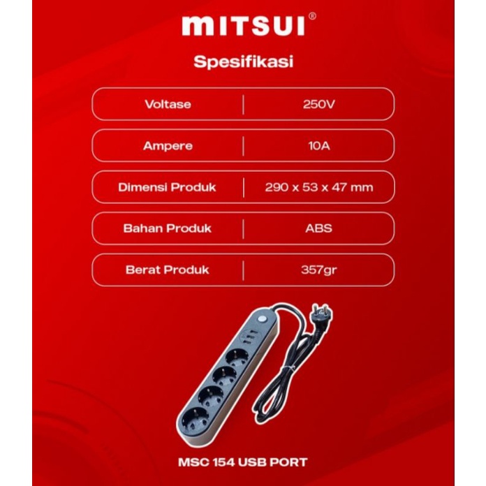 MITSUI STOP KONTAK 4 LUBANG+ 3 USB PORT / MITSUI MSC 154 SNI