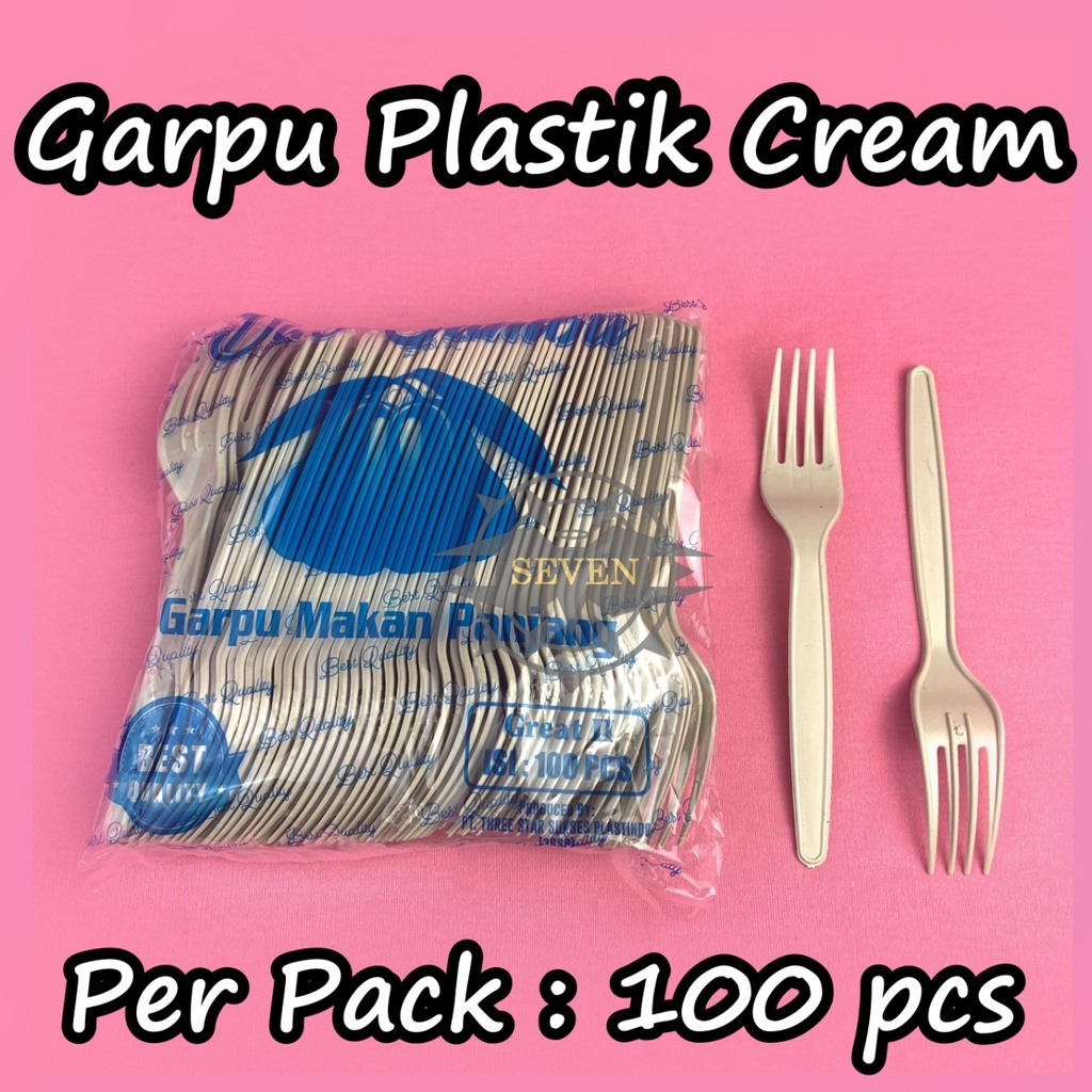 (isi 100pcs) GARPU MAKAN PLASTIK BUTEK CREAM  / GARPU PANJANG BUTEK PLASTIK