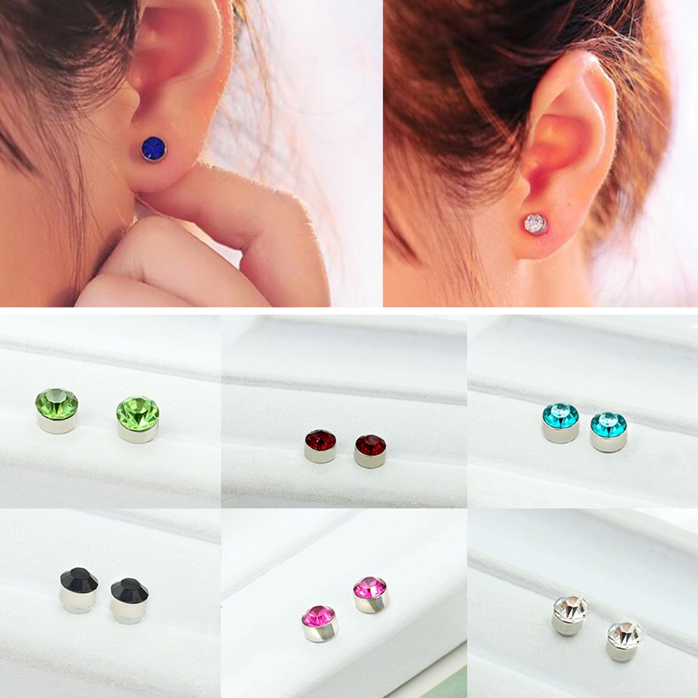 1 Pasang Anting Stud Magnet Bahan Zirkon Berlian Imitasi Untuk Unisex