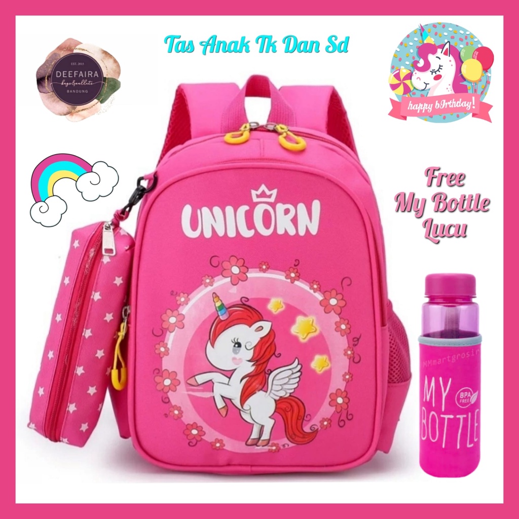 Tas Ransel Anak Motif Un1q0rn Gratis Tempat Pensil Dan My Botol Untuk Anak TK Paud Sd