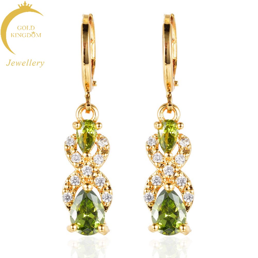 Goldkingdom Fashion Perhiasan 24K Bangkok Aksesoris Ready Stock Kreatif Tetesan Air Berbentuk Pir Berlian Bertatahkan Anting-Anting Dengan Liontin Batu Permata Warna-Warni Berlapis Emas Asli Kadar 375