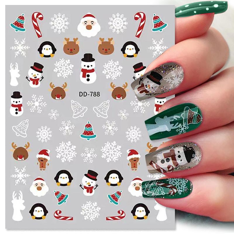 Stiker Kuku 3D Glitter Snowflakes Santa Claus Rusa Pohon Natal Untuk Dekorasi Manicure