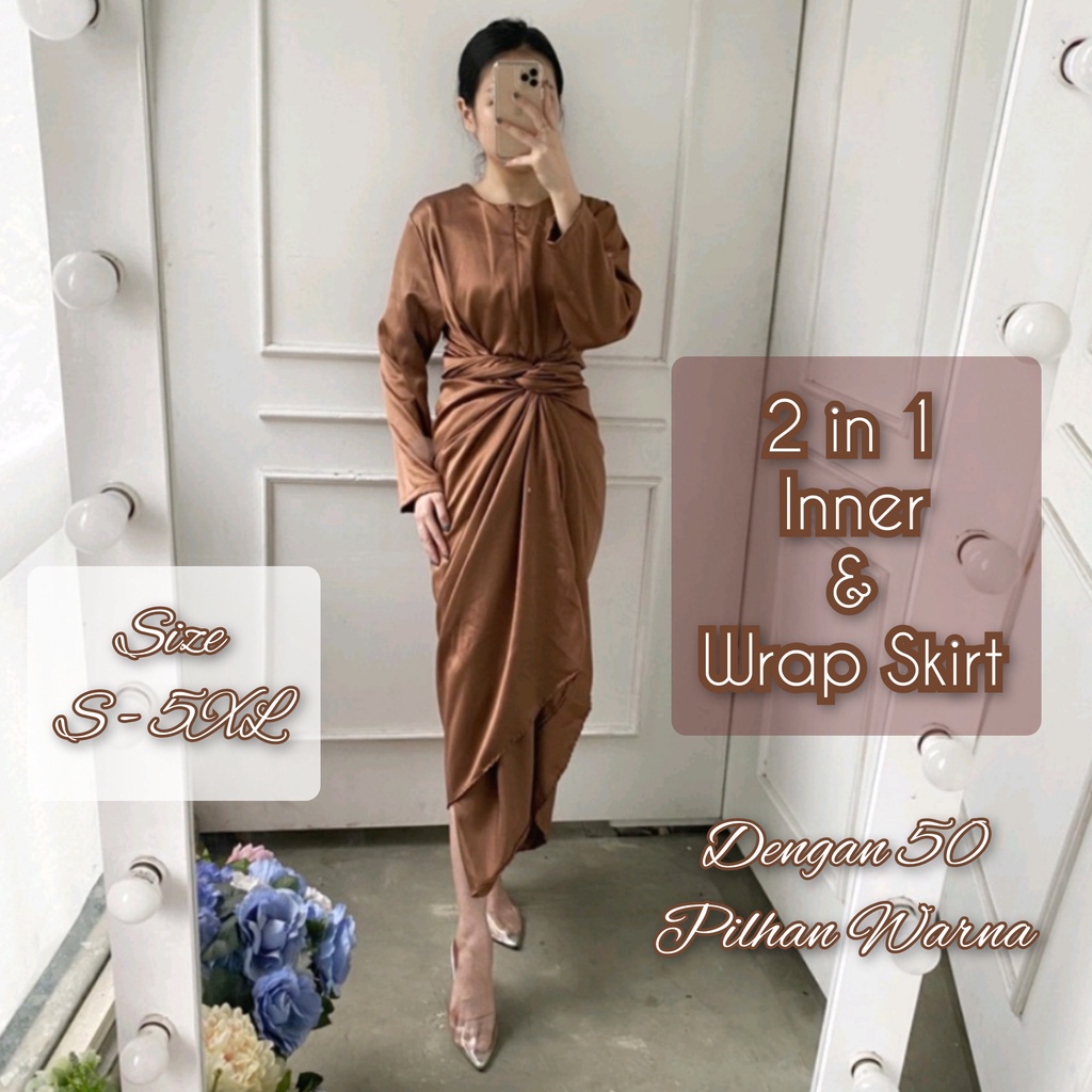 2in1 (Inner+Wrap Skirt) Manset Lengan Panjang/Inner Blouse atasan &amp; Rok Lilit Size S-5XL JUMBO / BIG SIZE Satin Velvet Premium