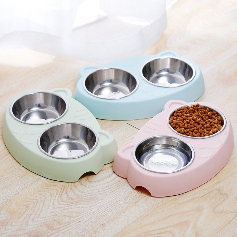 Mangkok Stainless Double Macaron Model Muka Kucing Untuk Anjing Dan Kucing