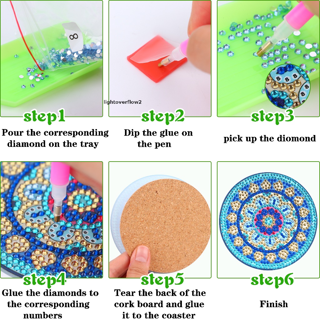 (lightoverflow2) 8 Pcs Coaster / Tatakan Gelas Motif Mandala Aksen Berlian Untuk Dekorasi DIY