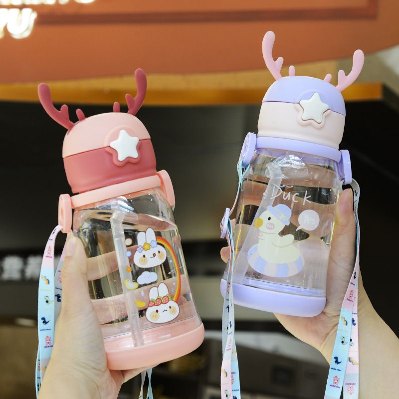 [JINGO] Botol Minum Tanduk Rusa Tali Sedotan/ Botol Minum Anak Lucu 600 ML Anti Tumpah Anti Pecah BPA FREE