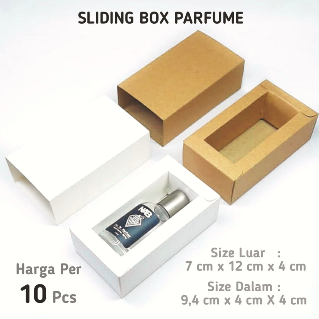 

10 PCS - BOX PARFUM SLIDING ELLABO 30ML, CLOUE 30ML / SLIDING BOX PUTIH 12X4X4 / BOX PARFUM 30ML