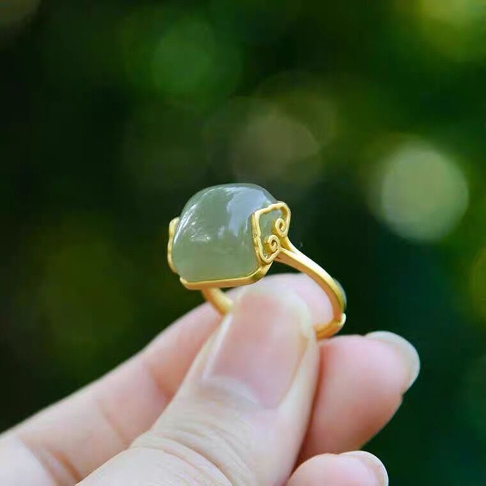 Cincin Batu Giok Hijau Model Terbuka Adjustable Gaya retro Untuk Wanita