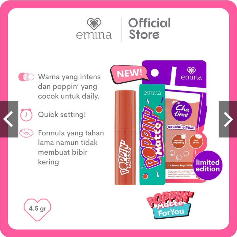 ❤ jselectiv ❤ EMINA Poppin' Matte Lip Cream | EMINA Poppin' Matte The 90s Edition | EMINA Poppin' Matte X Chatime | EMINA Poppin Transferproof Lip Cream Dengan Matte Finish dari EMINA