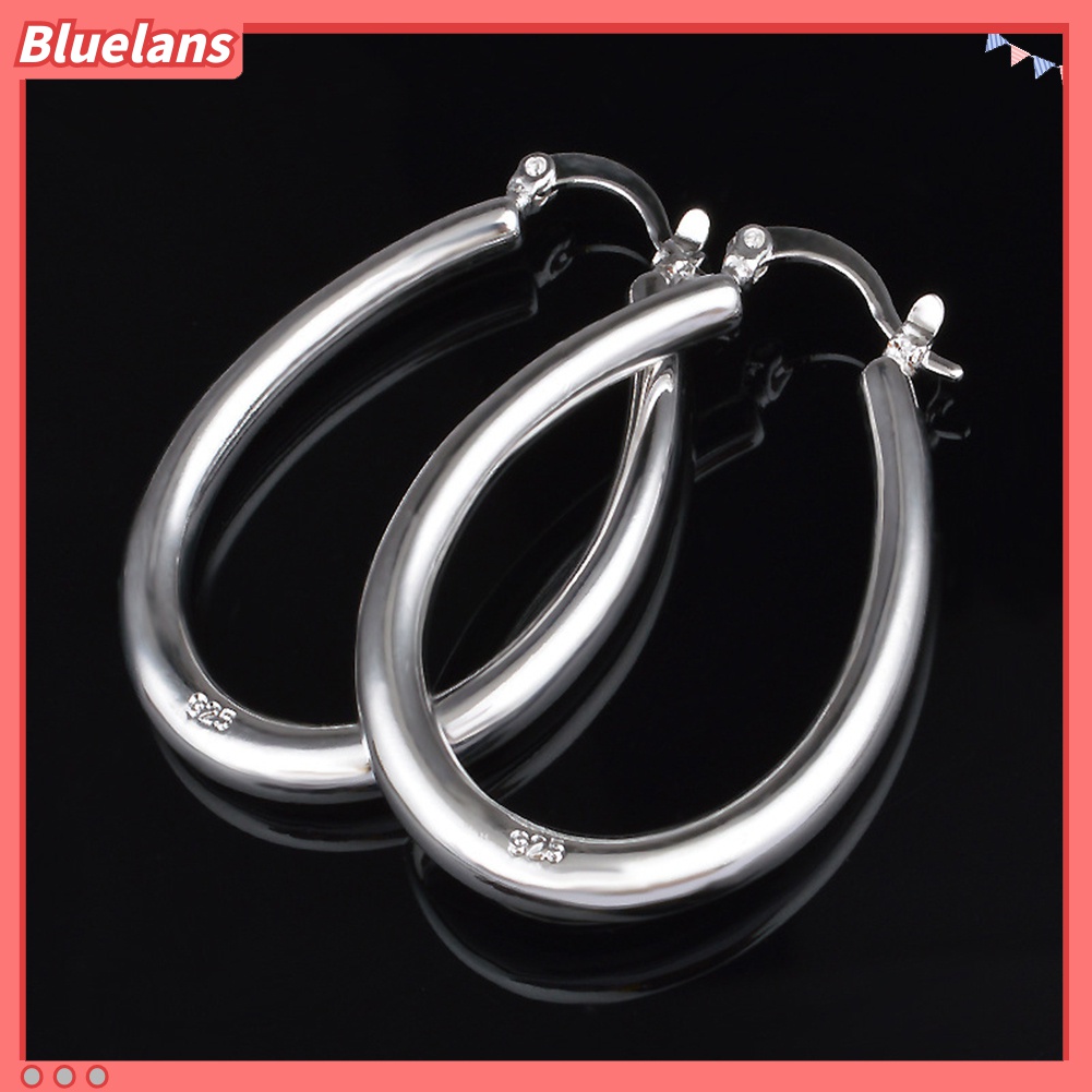 Bluelans Anting Hoop Bentuk Oval Besar Model Hollow Lapis Silver Untuk Wanita