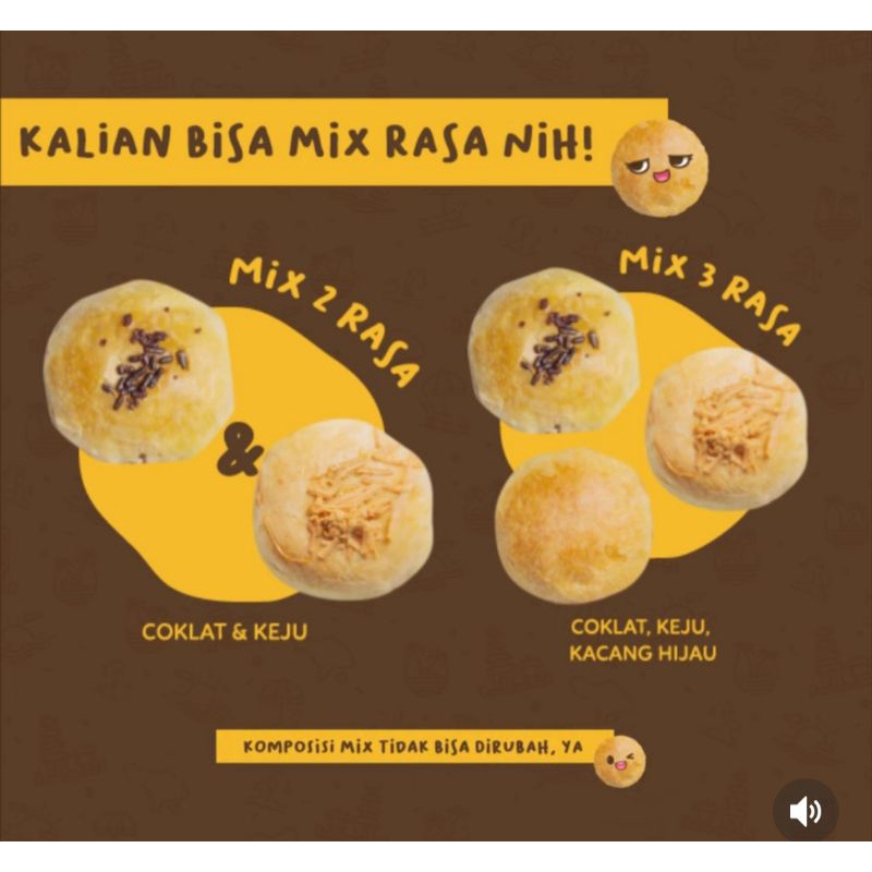 

PIA EIJI OLEH OLEH KHAS BALI, RASA MIX(mix 2rasa coklat,keju)(mix3 rasa coklat,kacang ijo,keju)