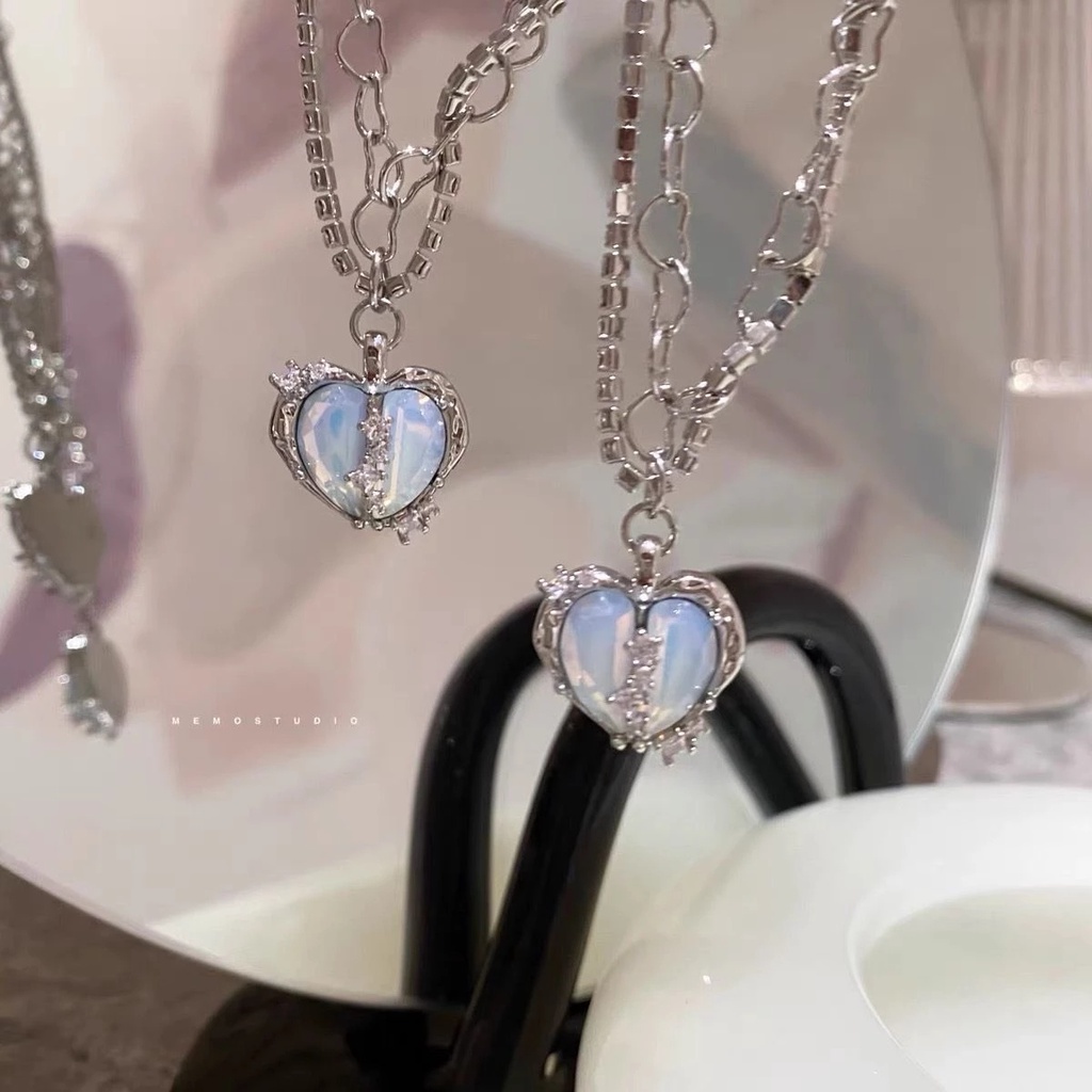 AY(CN) Kalung Rantai Choker Liontin Hati Sayap Malaikat Hias Kristal Mutiara Warna Pink Biru Untuk Wanita