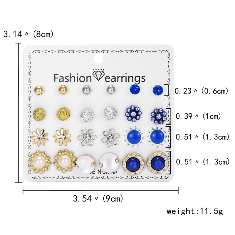 12 Pasang / Lot Anting Stud Mutiara Berlian Imitasi Bentuk Hati Bunga Matahari Bintang Untuk Wanita