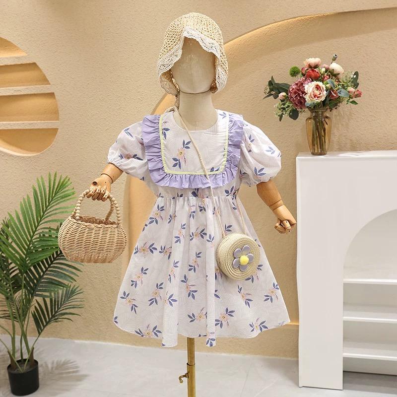 Dress Anak Perempuan Korean Style Kerah Renda Bunga Hijo/Ungu Puff