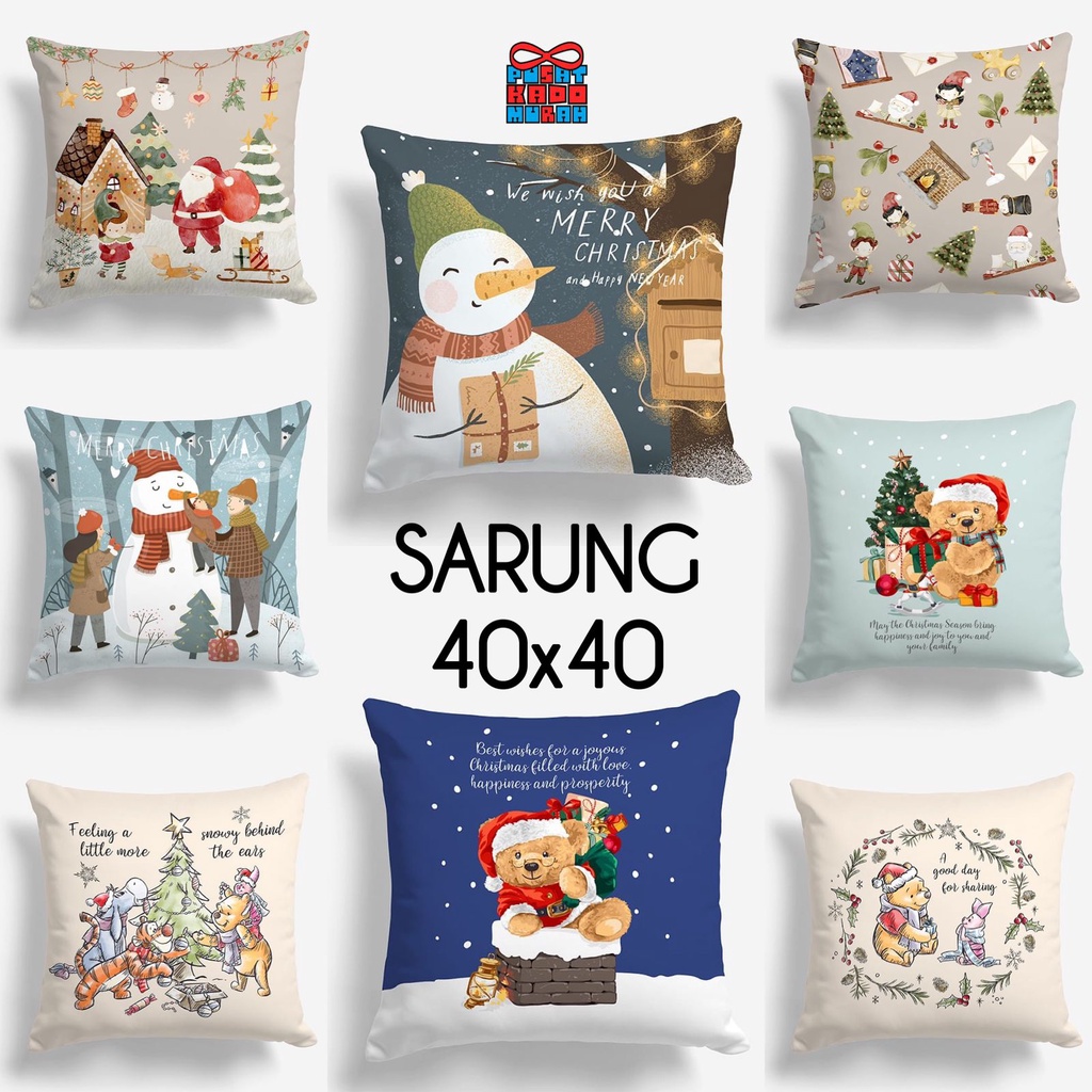 COVER SARUNG Bantal Sofa Print Motif Natal Merry Christmas Pooh Holiday 40x40 cm - Pusat Kado Murah