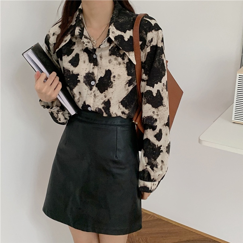 yikoo-Kemeja korea oversize blouse wanita fashion print atasan big size