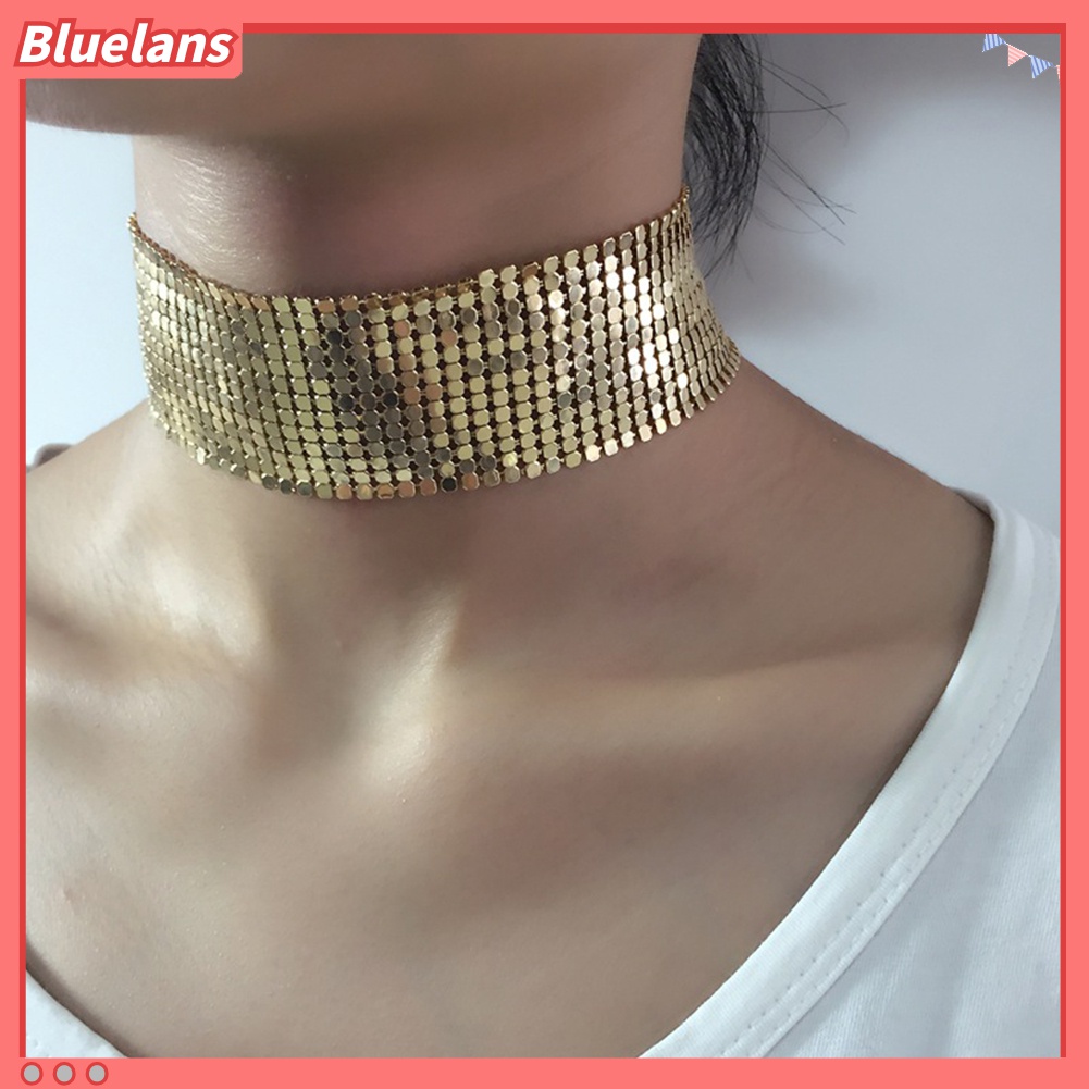 Bluelans Kalung Choker Sequin Mesh Lebar Gaya Punk Untuk Wanita