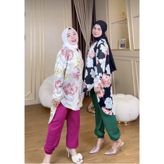 Gista Flower Blouse / Baju Atasan Kemeja Bunga Satin Wanita Import