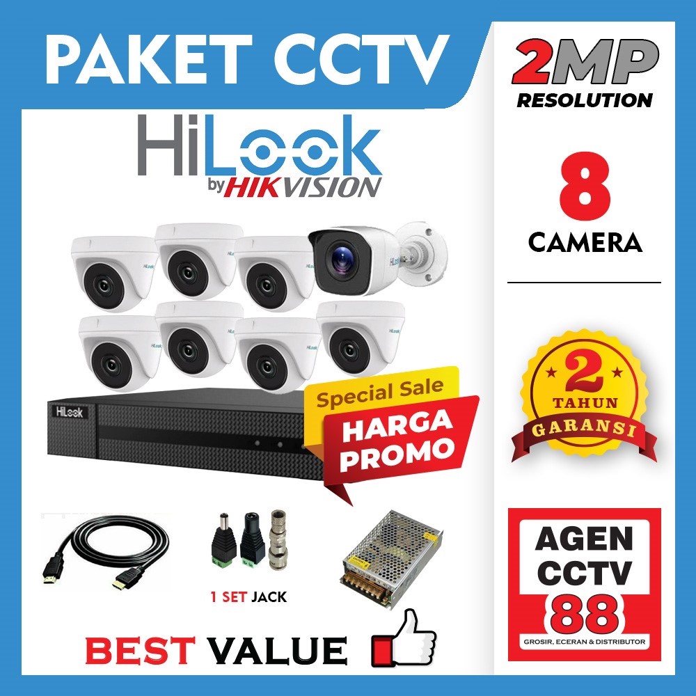 Paket 8 Kamera CCTV HILOOK Full HD 2MP DVRCh +Kbl HDMI+Kbl Lan+Free 1 Tas Batik