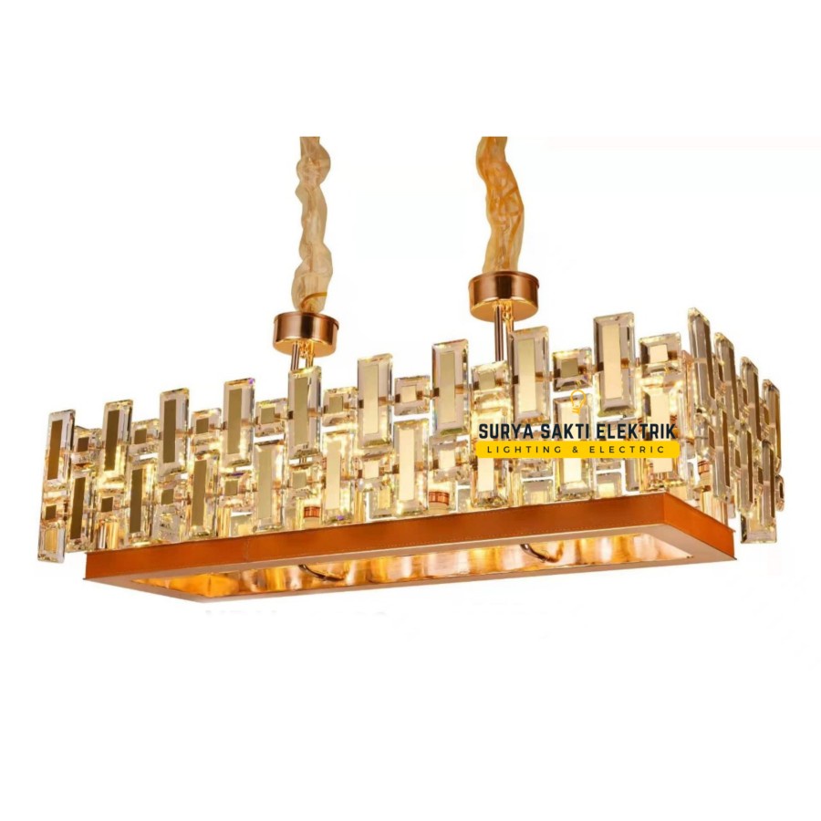 LAMPU GANTUNG KRISTAL MODERN UNIK GOLD PANJANG HIAS RUANG MAKAN TAMU