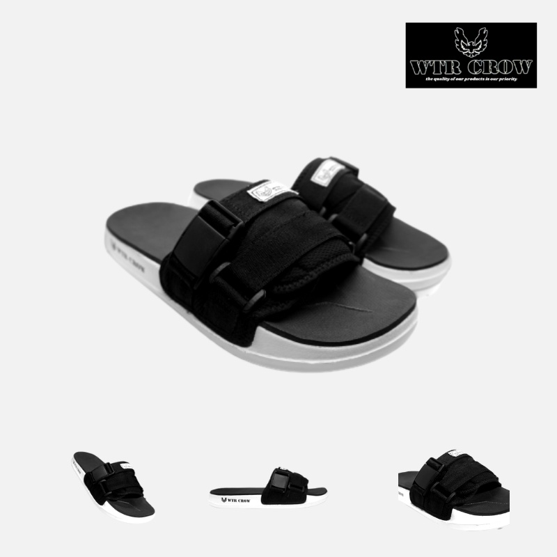 Sandal Slide Pria Slip On Simple Ringan Hitam Putih WTR Crow Araby Black White