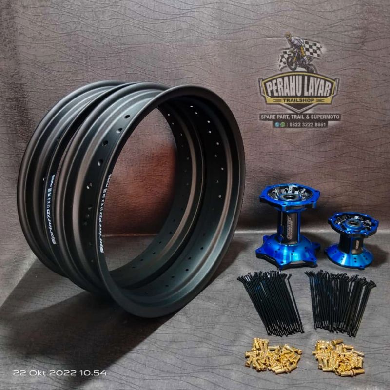 sepaket velg siap rakit trail Supermoto wheelset almunium crf 150 Yamaha wr klx 150 merah biru tromo