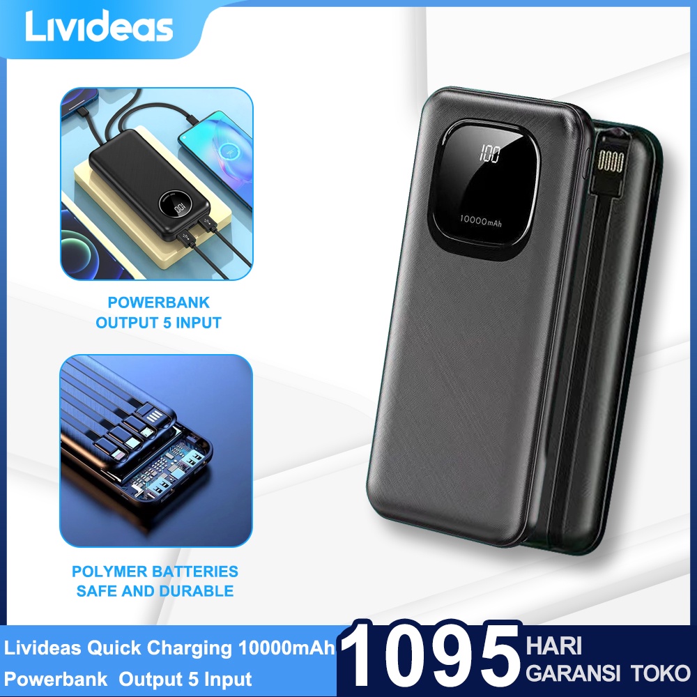 Livideas PowerBank Quick Charging 10000mAh Powerbank Dual USB Output 4 Input LED Display Murah Mini