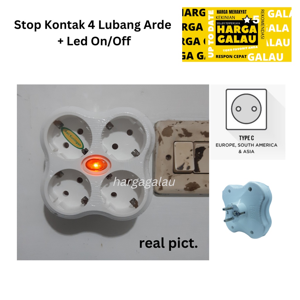 Stop Kontak 4 Lubang Arde + Led Switch OnOff Steker Segi Empat 4in1