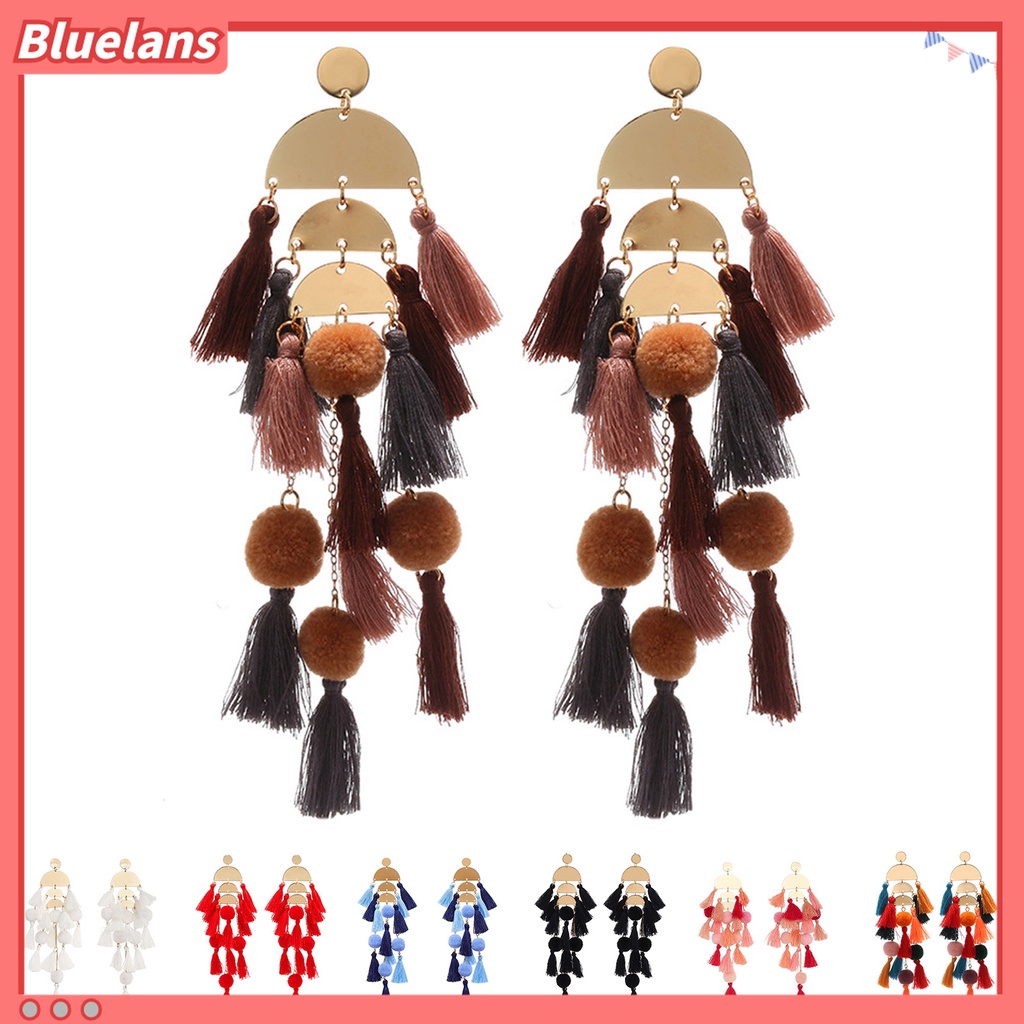1 Pasang Anting Rumbai Multilayer Bentuk Setengah Lingkaran Tahan Jatuh Gaya Bohemian Untuk Wanita