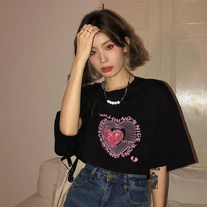 baju wanita oversize cartoon doodle T-shirt lengan pendek kaos korean style kaos hitam