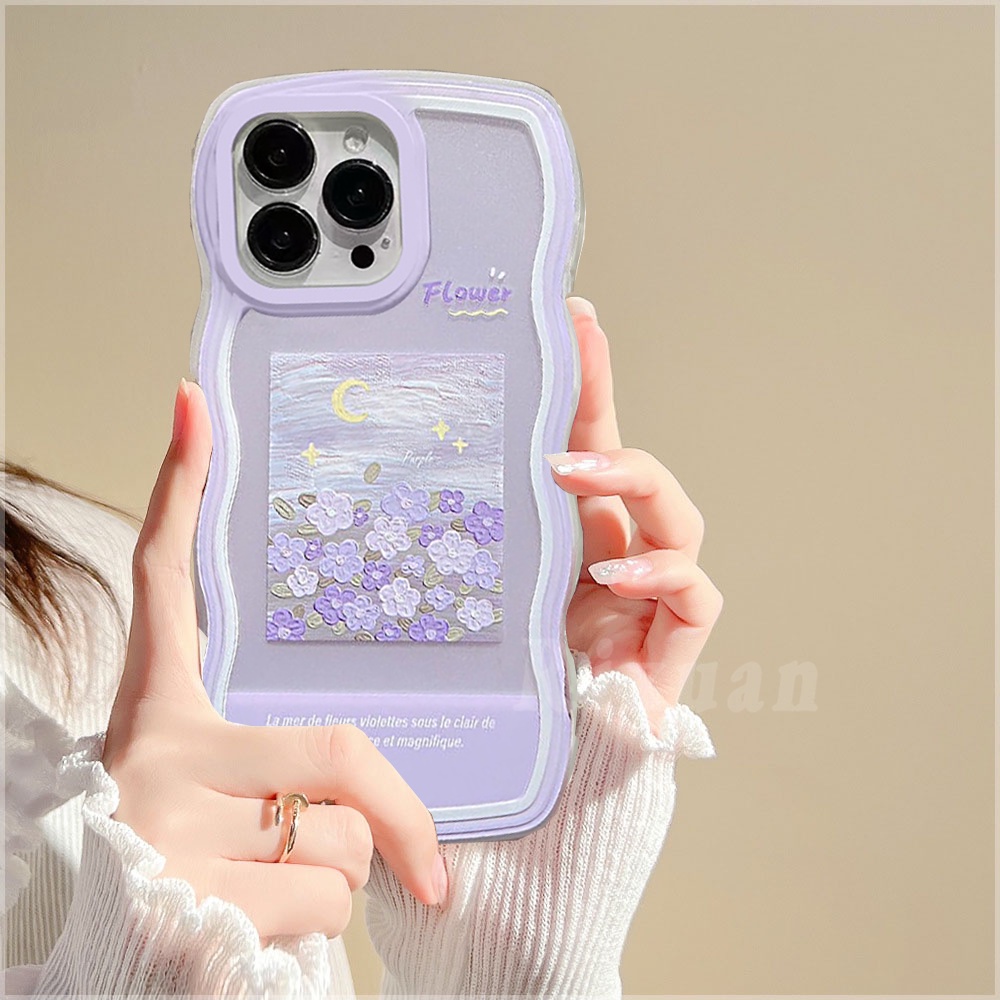 Realme 10 C35 C31 C33 C33 C30 Realme5 6i 5i 7i C15 C25s C21Y C25Y C11 C12 C25 C11 2021 C20 C20A C3 C1 Wavy Edge Case Lukisan Minyak Hijau Love Hati Bunga Ungu Soft Clear Cover RIXUAN