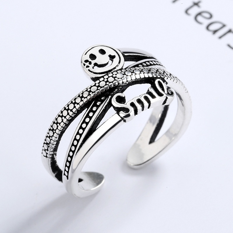 Cincin Jari Telunjuk Model Terbuka Banyak Lapis Desain Wajah Tersenyum Aksen Berlian Imitasi Gaya retro Korea Untuk Pria