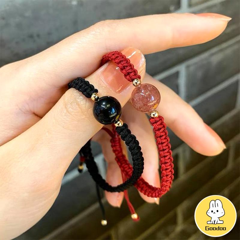 Gelang Tenun Pasangan Obsidian Rasa Desain Niche Temperamen Sederhana Tali Gelang Kristal -Doo