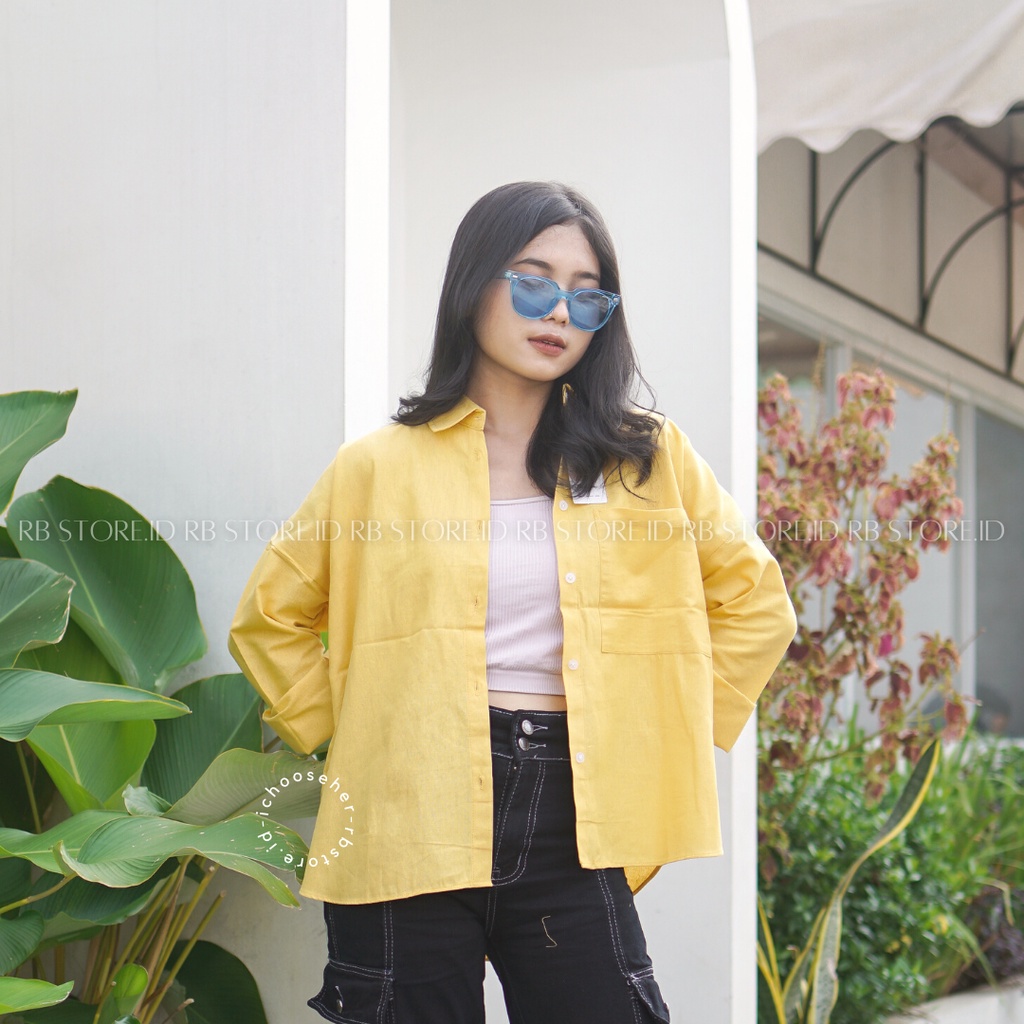 Kemeja Wanita Linen Oversize Olivia Shirt Linen Pocket-OLIVIA SOFT YELLOW