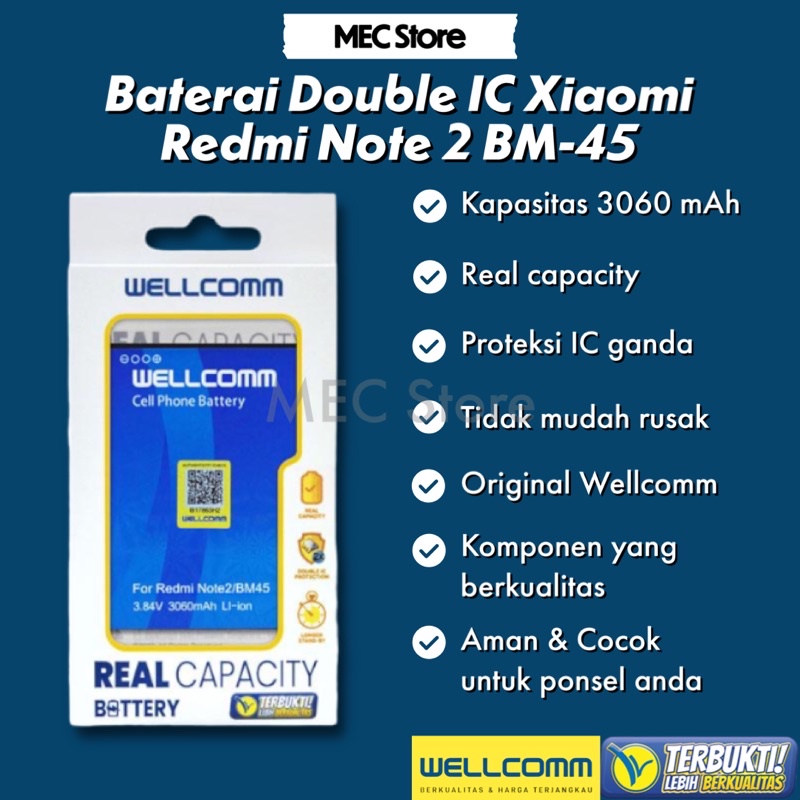 Baterai / Battery Double IC Power Xiaomi Redmi Note 2 / Redmi Note Prime BM45 Original Wellcomm